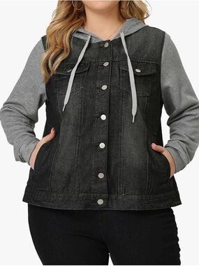 Plus Size Hooded Mixed-Media Denim Jacket in Charcoal Gray